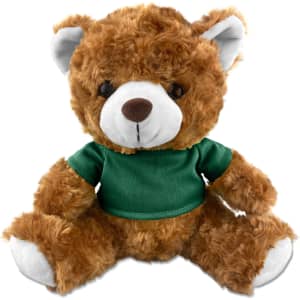 A plush teddy bear in brown fur, wearing a green shirt, with black eyes and white inner ears. It has a logo on the shirt.