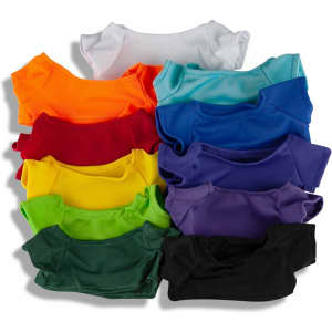 A collection of small, colourful fabric tops in various shades, including orange, red, yellow, green, blue, purple, and black.
