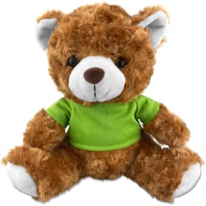 A fluffy brown teddy bear with a green t-shirt and white accents sits upright, featuring a friendly face.