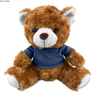 A plush teddy bear in brown with a navy blue shirt, featuring soft fur and stitched facial details.