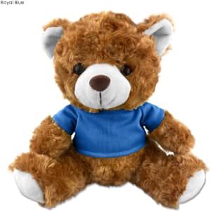 A brown plush teddy bear with a blue shirt, featuring white accents on its ears and a friendly expression.