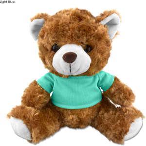 A plush teddy bear in light brown, wearing a turquoise shirt, featuring soft fur and distinct facial details.