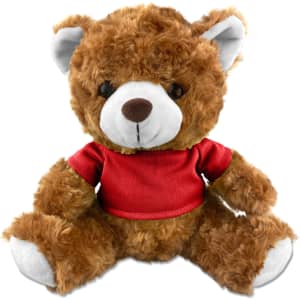 A brown teddy bear plush with a red shirt and black eyes, featuring a cute expression and soft fur.