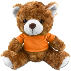 A brown plush teddy bear with a white muzzle and ears, wearing an orange shirt, seated with arms outstretched.