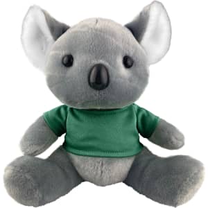 A plush koala toy in grey with a green shirt, featuring stitched details and a cute facial expression.