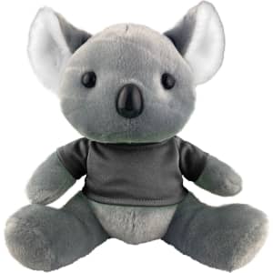 A grey koala plush toy with a soft texture, wearing a grey shirt, featuring a round face and large ears, with branding.