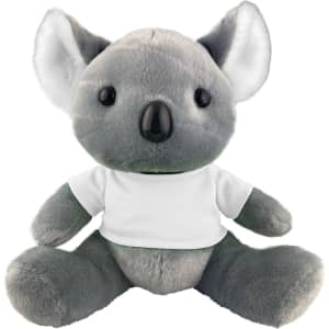 A grey koala plush toy with large ears and a small black nose, wearing a plain white shirt. It has a branding logo.