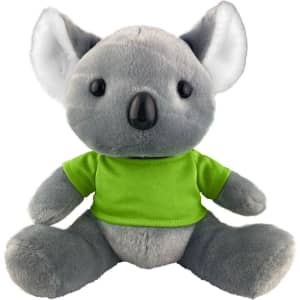 A grey koala plush toy wearing a green shirt, featuring large black eyes and soft, plush fur.