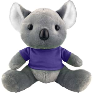 A plush koala toy with grey fur wearing a purple shirt, featuring large ears and a cute black nose.