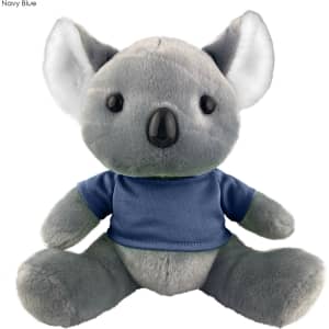 A grey koala plush toy wearing a navy blue shirt, with large ears and a cute expression, featuring a logo.