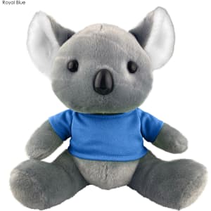 A grey koala plush toy wearing a blue shirt, featuring soft ears and a cute face, with a branding logo visible.