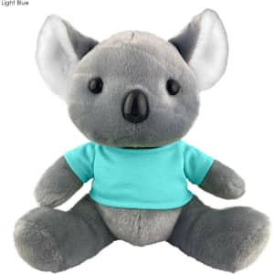 A plush koala toy in light blue, wearing a turquoise shirt, with large ears and a friendly expression.