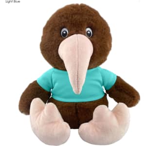 A brown plush kiwi toy with a light blue shirt, featuring a large beak and pink feet, with a logo on it.