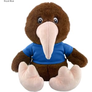 A brown kiwi plush toy wearing a blue shirt, with light pink feet and beak, and large, friendly eyes.