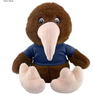 A brown kiwi plush toy wearing a navy blue t-shirt, sitting upright with large pink feet.