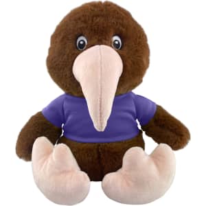 A brown plush kiwi toy with a large beak and a purple shirt, featuring a round body and pink feet.