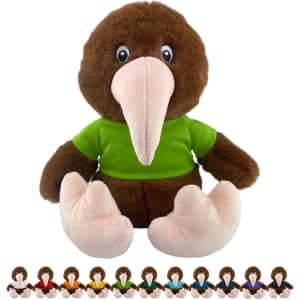 A brown Kiwi Plush toy with a large beak, wearing a green shirt, seated against a white background. Features a branding logo.