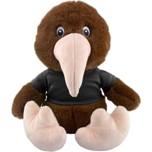 A plush toy kiwi in brown with a soft beak and feet, wearing a black shirt. It features large, expressive eyes.