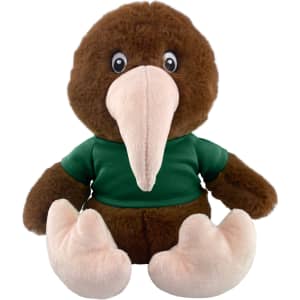 A brown Kiwi Plush toy with a green shirt, featuring a large pink beak and soft, oversized feet.