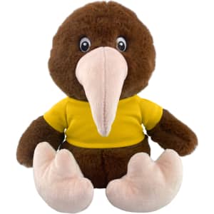 A plush kiwi toy with brown fur and a yellow shirt, featuring large eyes and soft pink feet. It has a logo on it.