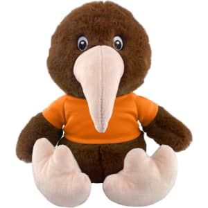 A brown kiwi plush toy wearing an orange t-shirt, with a pink beak and feet, featuring a friendly expression.