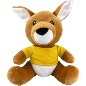 A plush kangaroo toy in brown with a yellow shirt and white belly, featuring a cute face and large ears.