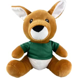 A brown kangaroo plush toy wearing a green shirt, featuring large ears and a friendly face, with a logo on the shirt.