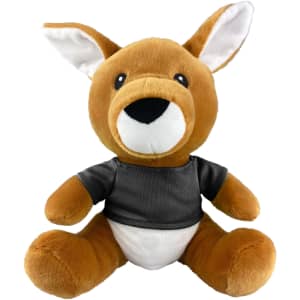 A plush kangaroo toy in brown and white, wearing a grey shirt, featuring a logo on its clothing.