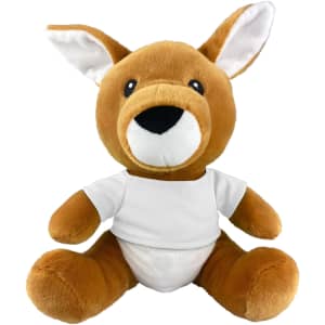 A plush kangaroo toy in brown, featuring a white shirt and large ears, with a friendly expression.