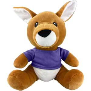 A brown kangaroo plush toy wearing a purple shirt, featuring large ears and a cheerful expression.