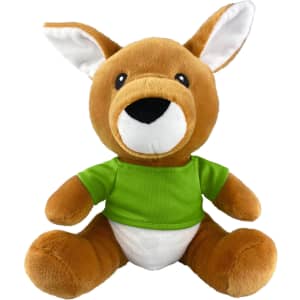 A brown kangaroo plush toy wearing a green shirt, with white accents on its belly and face. It has large ears and a friendly expression.