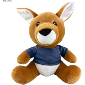 A plush kangaroo toy in brown with a navy blue shirt, featuring large ears and a friendly facial expression.