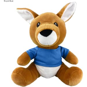 A plush kangaroo toy with a brown body and a blue shirt, featuring large ears and a cheerful expression.