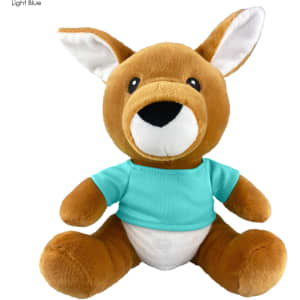 A soft, light brown kangaroo plush toy wearing a light blue shirt, with floppy ears and a cheerful expression.