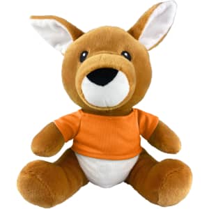 A plush toy kangaroo in brown with an orange shirt and white belly, featuring large ears and a friendly expression.