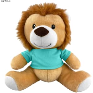 A plush lion toy with a tan body, brown mane, and wearing a light blue shirt.