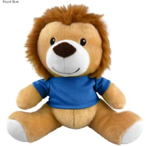A plush lion toy in beige with a brown mane, wearing a royal blue shirt, featuring a friendly expression.