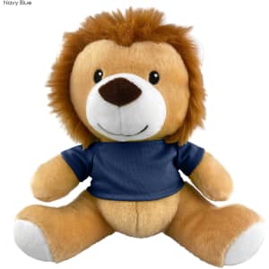 A plush lion toy with a brown mane, tan body, and a navy blue shirt, featuring a friendly smile.