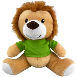 A plush lion toy with a friendly expression, wearing a bright green shirt and featuring a soft, tan body and brown mane.