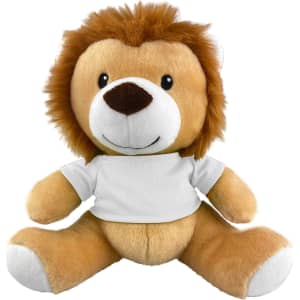 A plush lion toy with a brown mane and a white shirt, featuring a friendly smile and soft body.