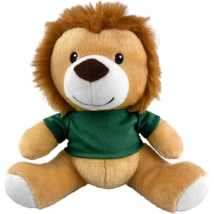 A plush lion toy with a friendly facial expression, wearing a green shirt and featuring a fluffy mane.