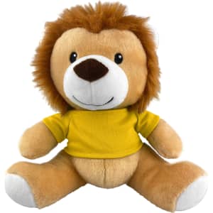 A plush lion toy with a yellow shirt, featuring a friendly face and soft brown fur.
