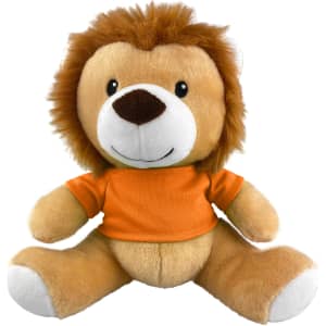 A cute lion plush toy with a fluffy mane, brown body, and wearing an orange T-shirt.