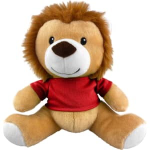 A cute lion plush toy with brown and beige fur, wearing a red shirt and featuring a friendly face.