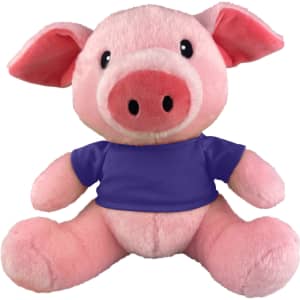 A pink pig plush toy wearing a purple shirt, featuring large ears and a friendly expression.