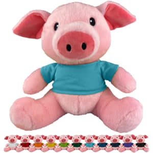 A pink plush pig with large ears and a blue shirt, accompanied by smaller pig plush toys in various colours.