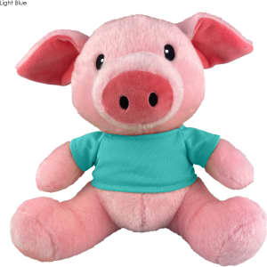A pink pig plush toy wearing a light blue shirt, featuring big ears and a friendly face. It has a branded tag.