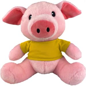 A pink pig plush toy wearing a yellow T-shirt, featuring large ears and a cute face.