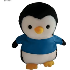 A plush penguin toy with a black and white body, yellow feet, and wearing a blue shirt. It has large, expressive eyes and a cute design.