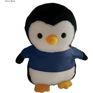 A navy blue penguin plush toy with a yellow beak and large black eyes, wearing a blue shirt.